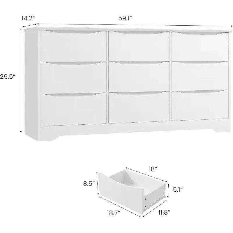 Wooden Dresser with 9 Drawers, Long Storage Dresser, Modern Closet, for Bedroom, Living Room