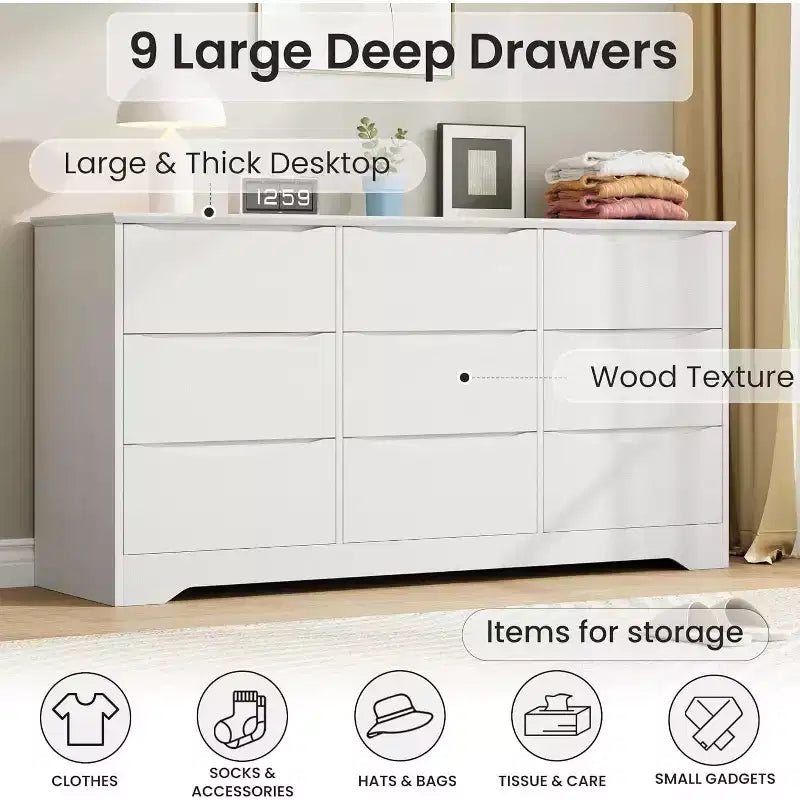 Wooden Dresser with 9 Drawers, Long Storage Dresser, Modern Closet, for Bedroom, Living Room