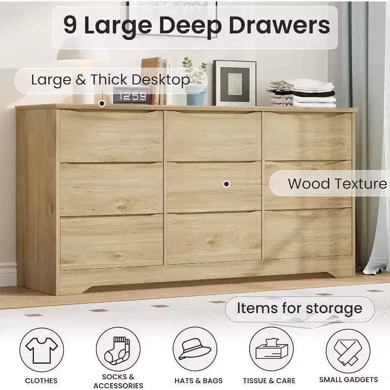 Wooden Dresser with 9 Drawers, Long Storage Dresser, Modern Closet, for Bedroom, Living Room