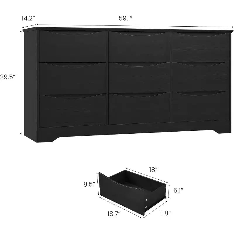 Wooden Dresser with 9 Drawers, Long Storage Dresser, Modern Closet, for Bedroom, Living Room