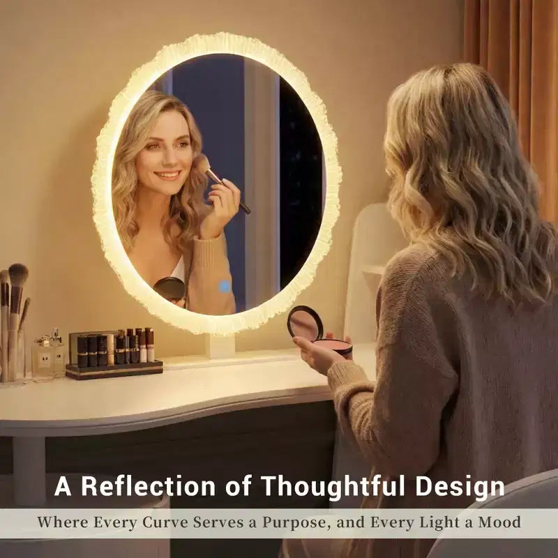 Luxury Corner Makeup Vanity Desk with Round Mirror and Lights, Cabinet Storage for Bedroom, Natural Finish, Dimmable Lighting