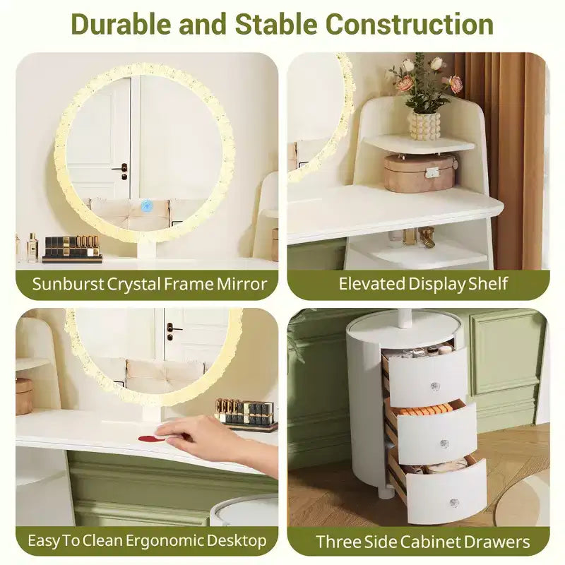Luxury Corner Makeup Vanity Desk with Round Mirror and Lights, Cabinet Storage for Bedroom, Natural Finish, Dimmable Lighting