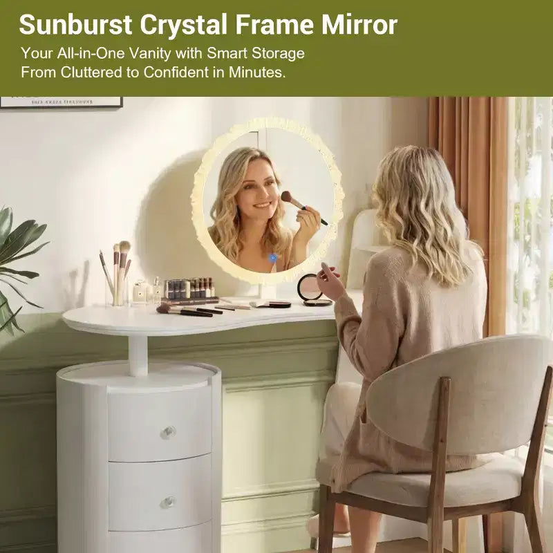 Luxury Corner Makeup Vanity Desk with Round Mirror and Lights, Cabinet Storage for Bedroom, Natural Finish, Dimmable Lighting