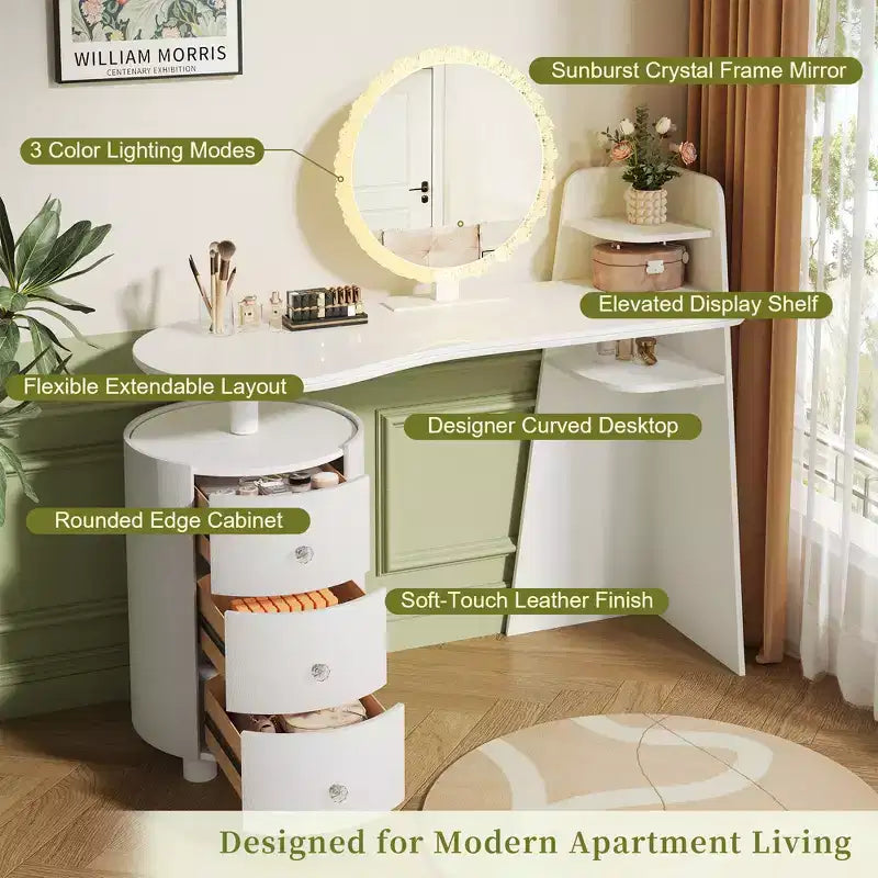 Luxury Corner Makeup Vanity Desk with Round Mirror and Lights, Cabinet Storage for Bedroom, Natural Finish, Dimmable Lighting