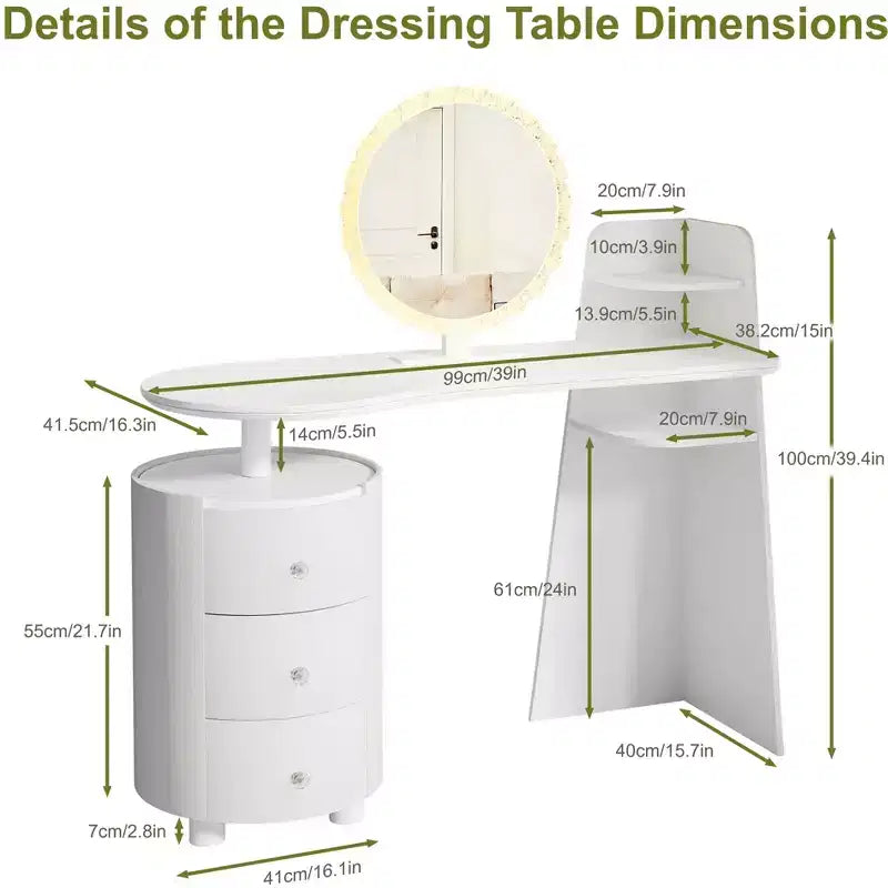 Luxury Corner Makeup Vanity Desk with Round Mirror and Lights, Cabinet Storage for Bedroom, Natural Finish, Dimmable Lighting