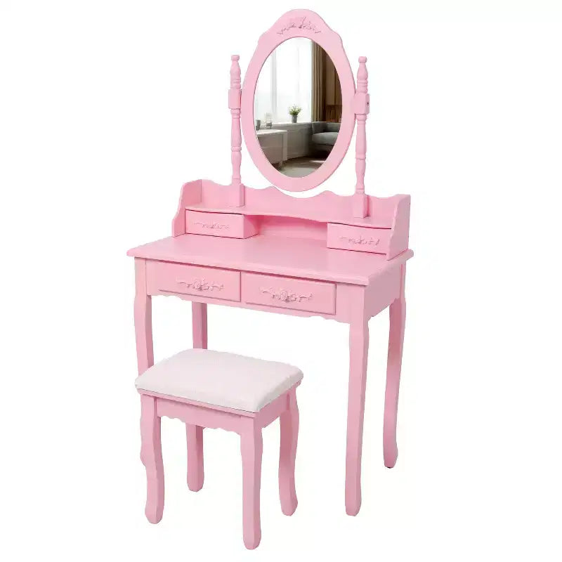 Modern Makeup Vanity Desk with Mirror, 4 Drawers, Matching Stool for Girls' Rooms, Pink Finish, Space-Saving Design