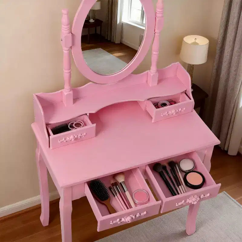 Modern Makeup Vanity Desk with Mirror, 4 Drawers, Matching Stool for Girls' Rooms, Pink Finish, Space-Saving Design