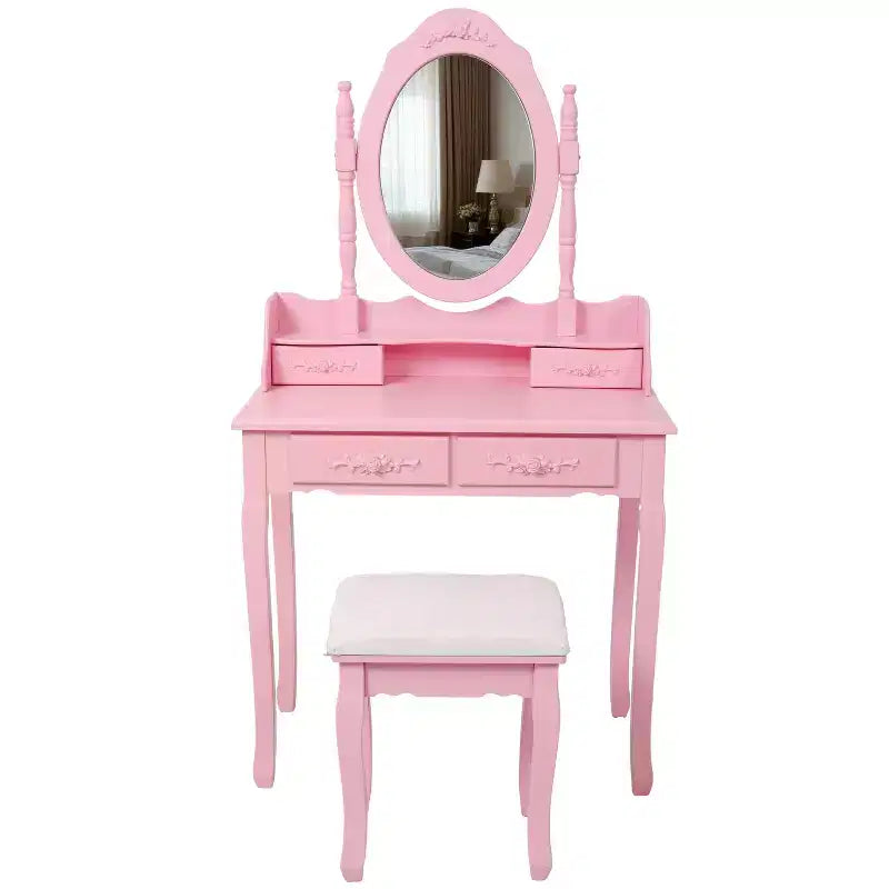 Modern Makeup Vanity Desk with Mirror, 4 Drawers, Matching Stool for Girls' Rooms, Pink Finish, Space-Saving Design