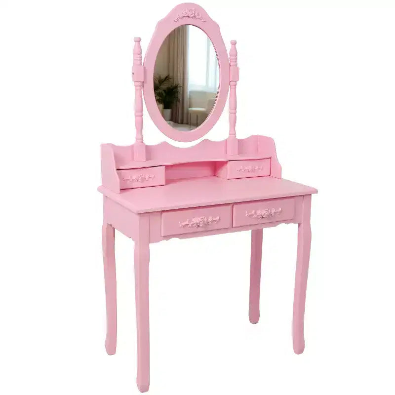Modern Makeup Vanity Desk with Mirror, 4 Drawers, Matching Stool for Girls' Rooms, Pink Finish, Space-Saving Design
