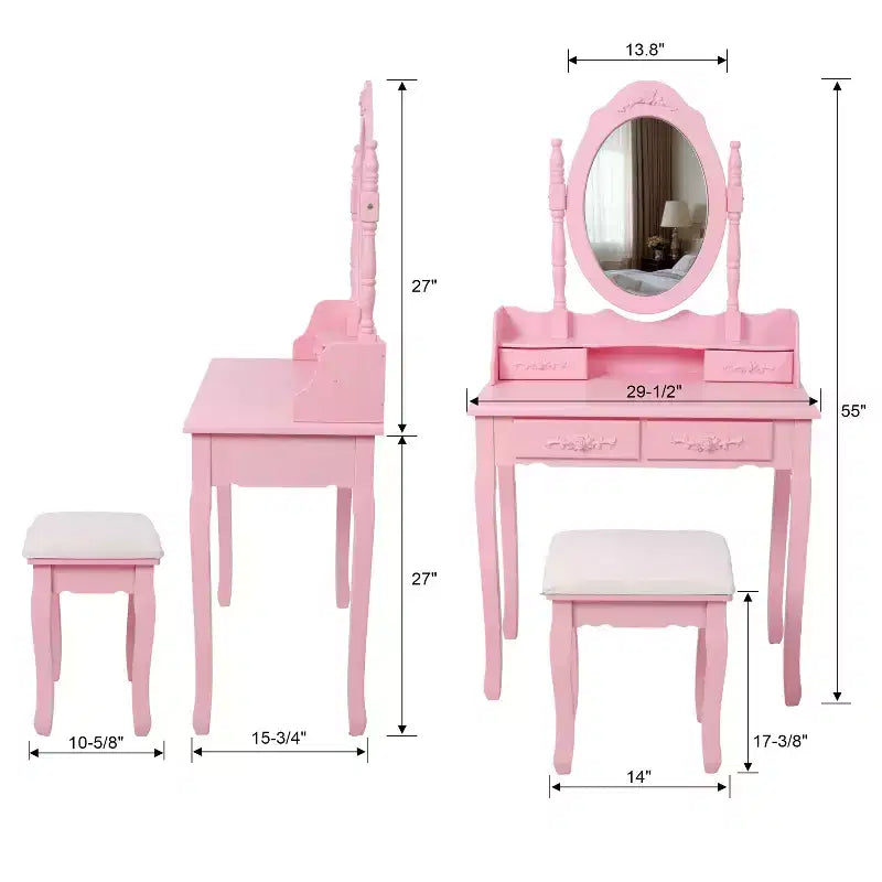 Modern Makeup Vanity Desk with Mirror, 4 Drawers, Matching Stool for Girls' Rooms, Pink Finish, Space-Saving Design