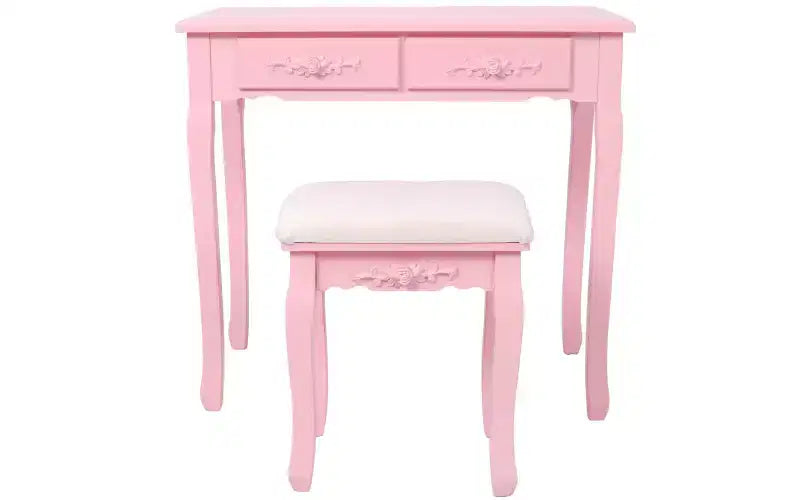 Modern Makeup Vanity Desk with Mirror, 4 Drawers, Matching Stool for Girls' Rooms, Pink Finish, Space-Saving Design