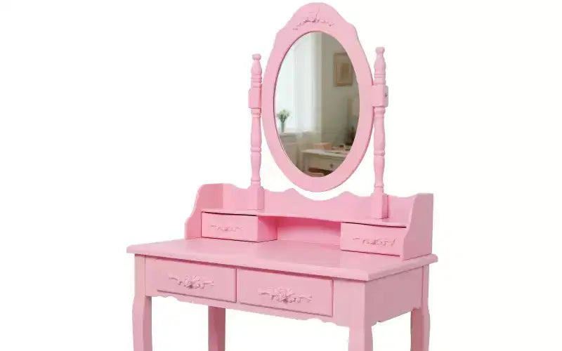 Modern Makeup Vanity Desk with Mirror, 4 Drawers, Matching Stool for Girls' Rooms, Pink Finish, Space-Saving Design