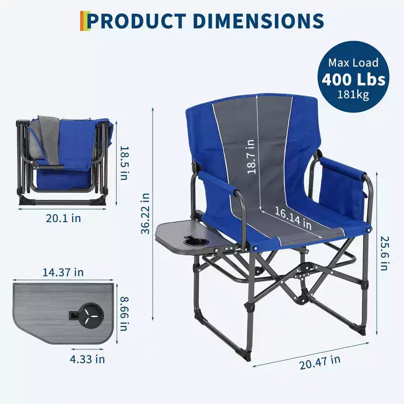 Acekool Oversized Folding Camping Chair with Side Table & Pocket, Portable Outdoor Director's Chair for Backyard, Park, and Beach, 330 lbs Capacity