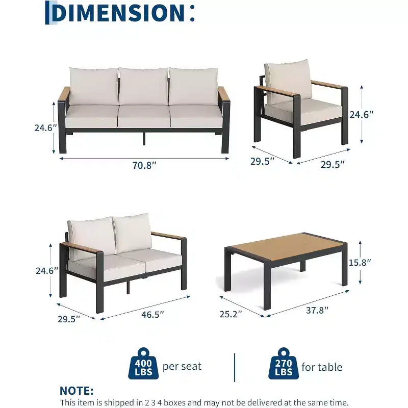 5-Piece Sectional Conversation Set, Aluminum Outdoor Patio Furniture Set, Modern Outdoor Seating, for Porch, Balcony, Deck
