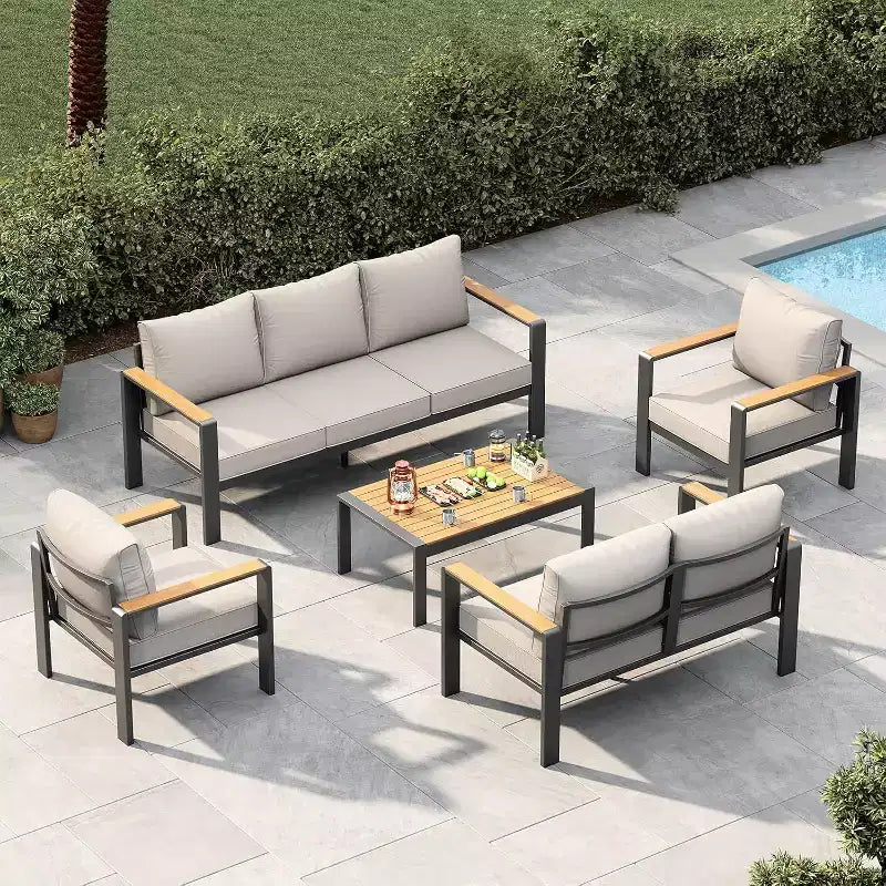 5-Piece Sectional Conversation Set, Aluminum Outdoor Patio Furniture Set, Modern Outdoor Seating, for Porch, Balcony, Deck