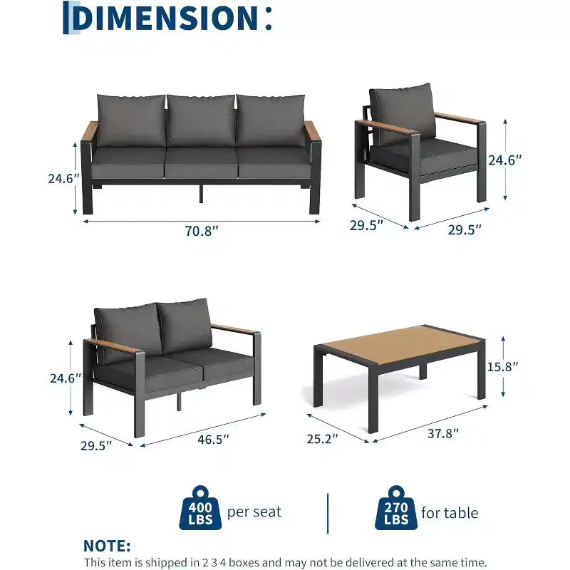 5-Piece Sectional Conversation Set, Aluminum Outdoor Patio Furniture Set, Modern Outdoor Seating, for Porch, Balcony, Deck
