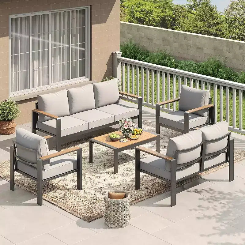5-Piece Sectional Conversation Set, Aluminum Outdoor Patio Furniture Set, Modern Outdoor Seating, for Porch, Balcony, Deck