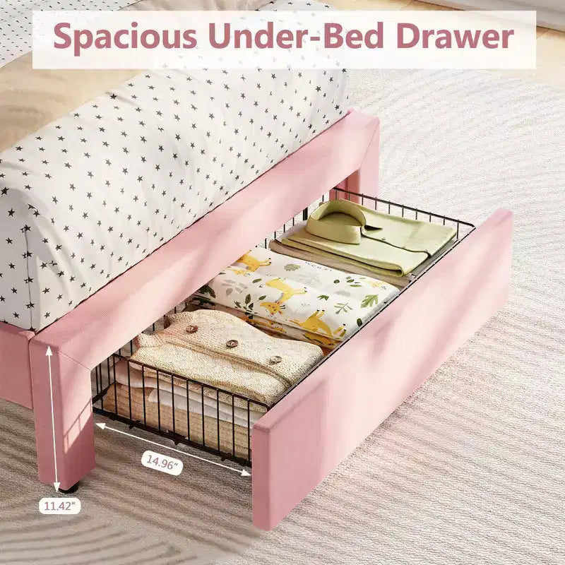 Coolmee Twin Bed Frames, Upholstered Platform Bed with Tufted Storage Headboard, Drawer, Sturdy Wood Slats, No Box Spring Needed, Easy Assembly