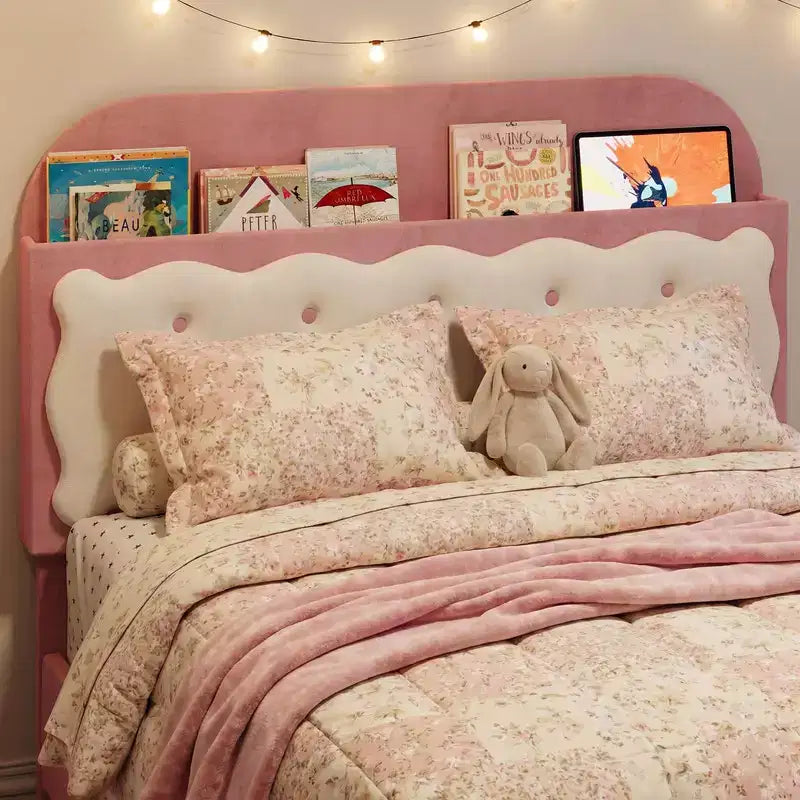 Coolmee Twin Bed Frames, Upholstered Platform Bed with Tufted Storage Headboard, Drawer, Sturdy Wood Slats, No Box Spring Needed, Easy Assembly
