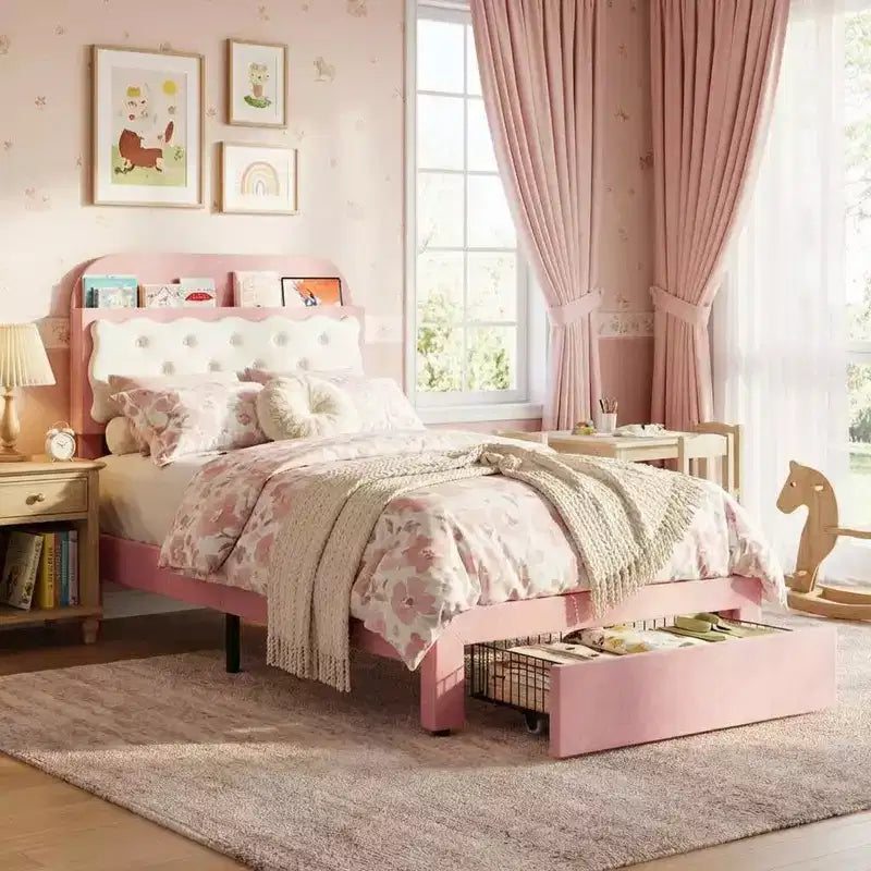 Coolmee Twin Bed Frames, Upholstered Platform Bed with Tufted Storage Headboard, Drawer, Sturdy Wood Slats, No Box Spring Needed, Easy Assembly