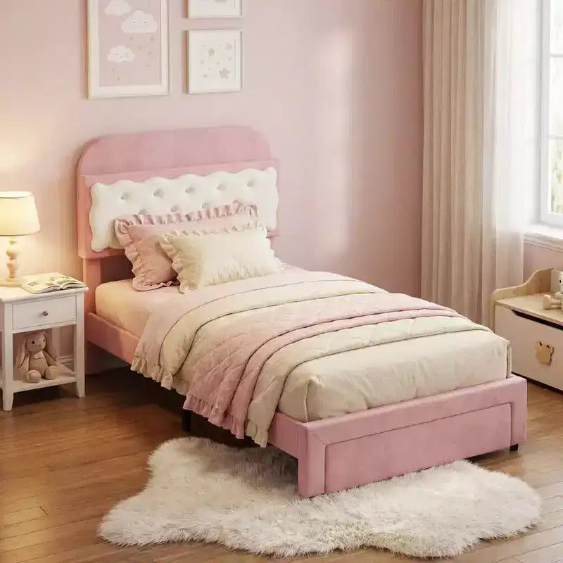 Coolmee Twin Bed Frames, Upholstered Platform Bed with Tufted Storage Headboard, Drawer, Sturdy Wood Slats, No Box Spring Needed, Easy Assembly