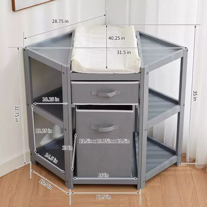 Fasciatoio angolare salvaspazio con cassetto portaoggetti, cesto portabiancheria e fasciatoio impermeabile, fasciatoio moderno in legno per cameretta, grigio