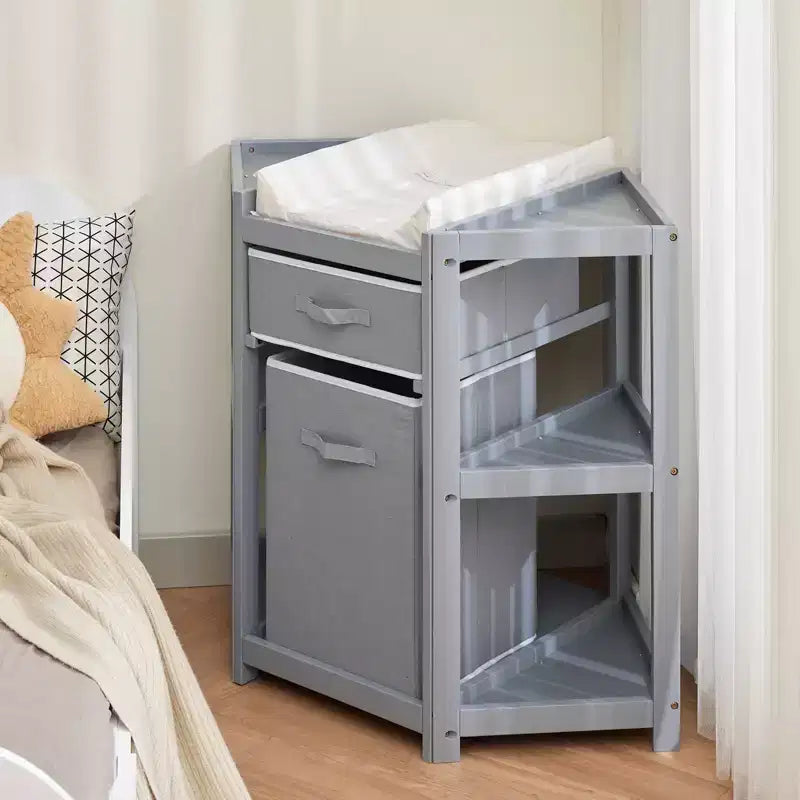 Fasciatoio angolare salvaspazio con cassetto portaoggetti, cesto portabiancheria e fasciatoio impermeabile, fasciatoio moderno in legno per cameretta, grigio