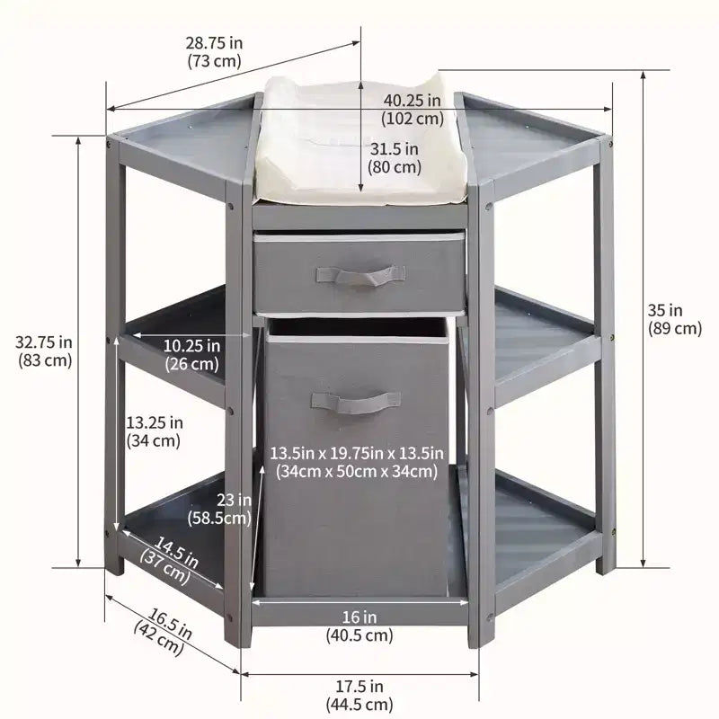 Fasciatoio angolare salvaspazio con cassetto portaoggetti, cesto portabiancheria e fasciatoio impermeabile, fasciatoio moderno in legno per cameretta, grigio