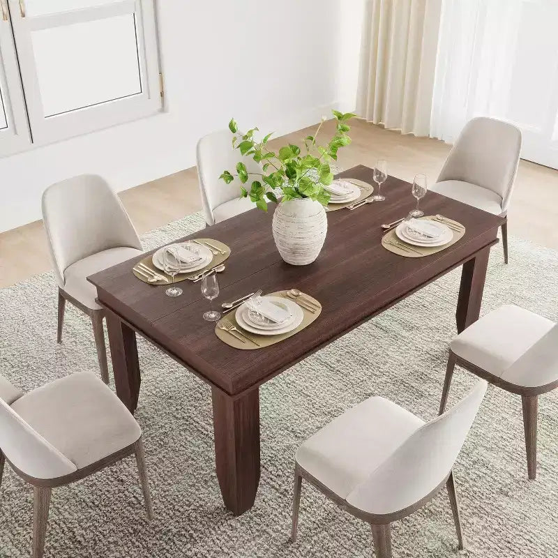Farmhouse Dining Table for 4-6, 63 Inch Rectangular Kitchen Table Wooden Frame Brown Finish for Dining Room