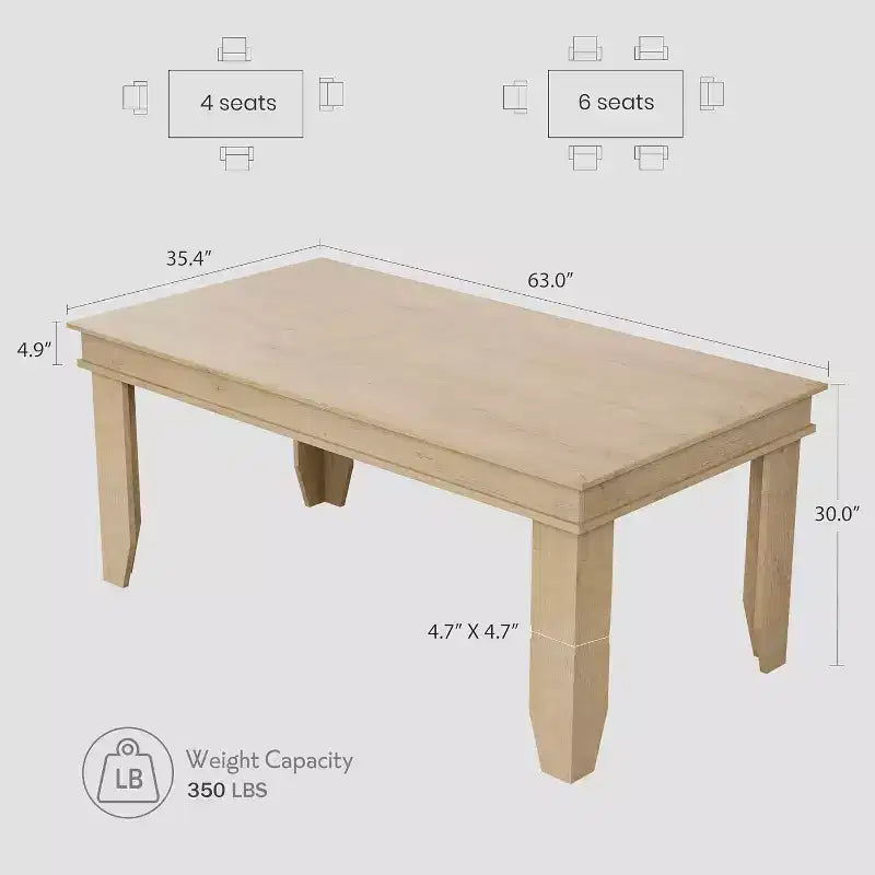 Farmhouse Dining Table for 4-6, 63 Inch Rectangular Kitchen Table Wooden Frame Brown Finish for Dining Room