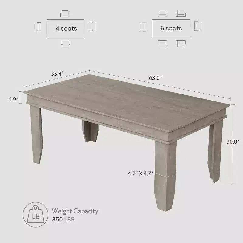 Farmhouse Dining Table for 4-6, 63 Inch Rectangular Kitchen Table Wooden Frame Brown Finish for Dining Room
