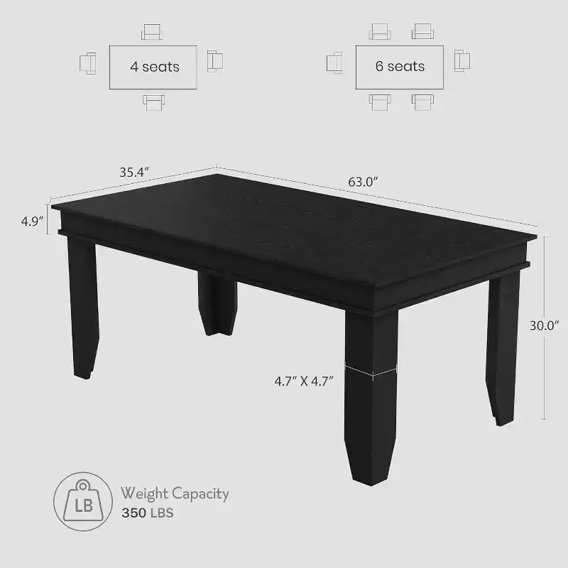 Farmhouse Dining Table for 4-6, 63 Inch Rectangular Kitchen Table Wooden Frame Brown Finish for Dining Room