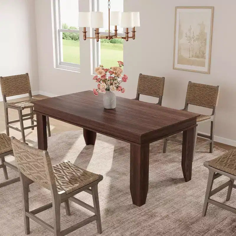 Farmhouse Dining Table for 4-6, 63 Inch Rectangular Kitchen Table Wooden Frame Brown Finish for Dining Room