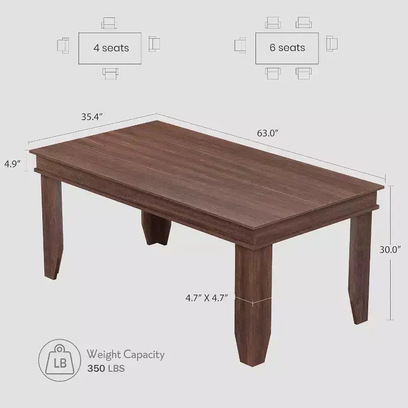 Farmhouse Dining Table for 4-6, 63 Inch Rectangular Kitchen Table Wooden Frame Brown Finish for Dining Room