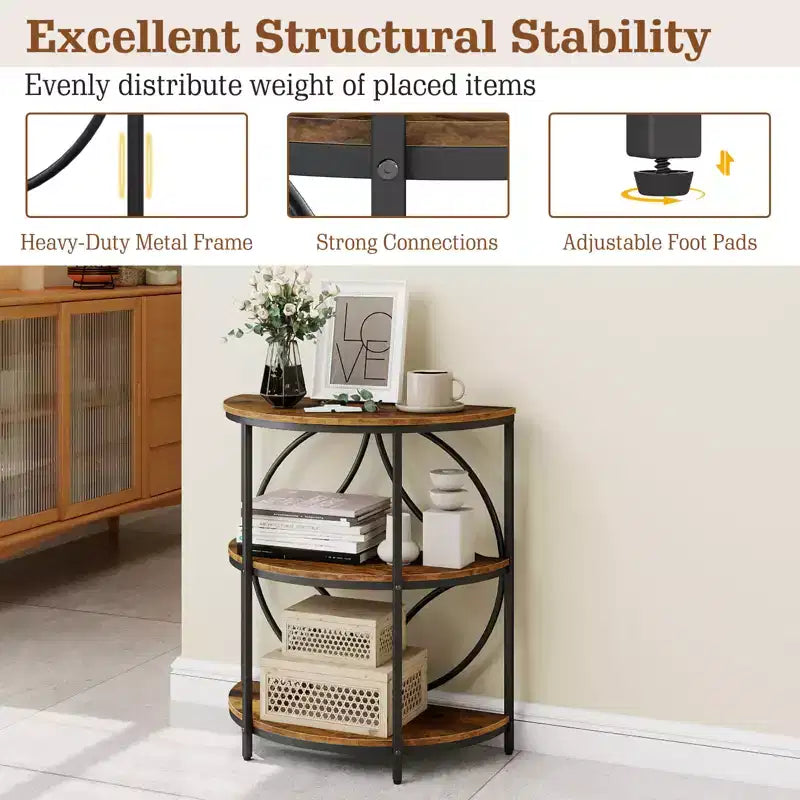 Costway 3-Tier Half Round End Table Set of 2 w/Study Metal Frame Storage Shelves Rustic Brown
