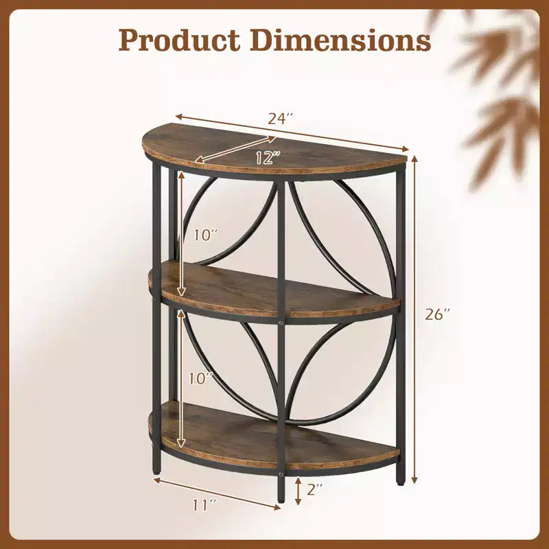 Costway 3-Tier Half Round End Table Set of 2 w/Study Metal Frame Storage Shelves Rustic Brown