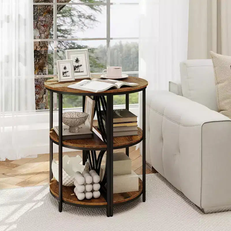 Costway 3-Tier Half Round End Table Set of 2 w/Study Metal Frame Storage Shelves Rustic Brown