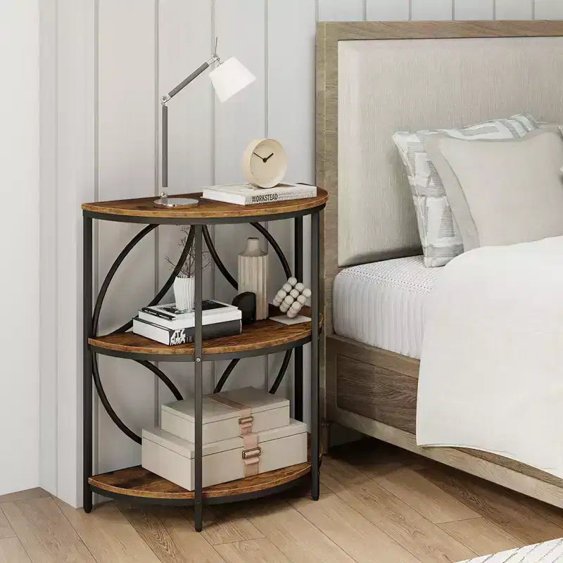 Costway 3-Tier Half Round End Table Set of 2 w/Study Metal Frame Storage Shelves Rustic Brown