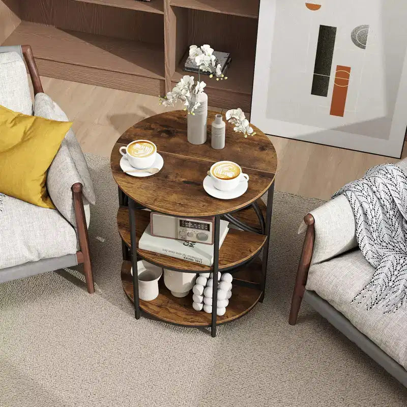 Costway 3-Tier Half Round End Table Set of 2 w/Study Metal Frame Storage Shelves Rustic Brown