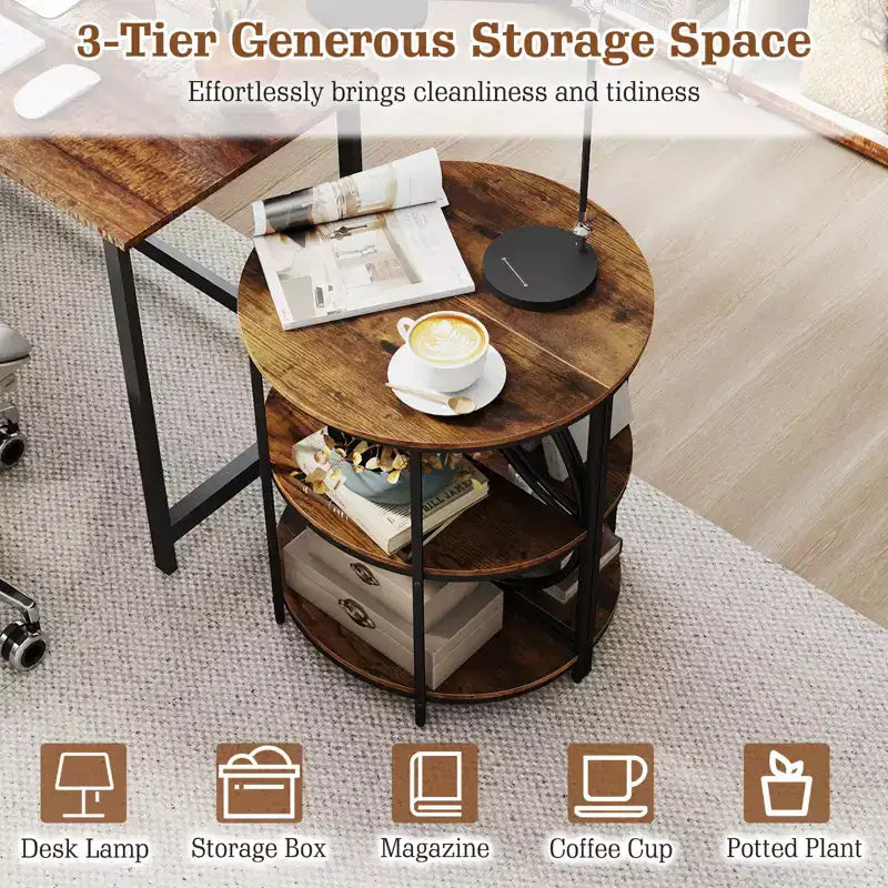 Costway 3-Tier Half Round End Table Set of 2 w/Study Metal Frame Storage Shelves Rustic Brown