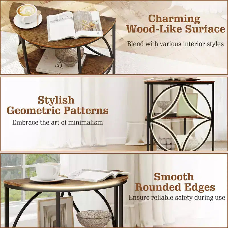 Costway 3-Tier Half Round End Table Set of 2 w/Study Metal Frame Storage Shelves Rustic Brown