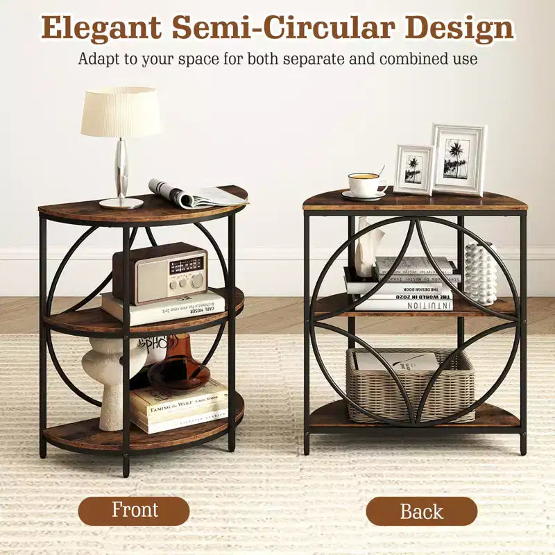 Costway 3-Tier Half Round End Table Set of 2 w/Study Metal Frame Storage Shelves Rustic Brown