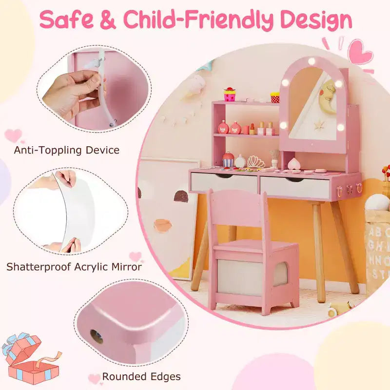 Costway Kids Vanity Set with 3-Color Lighting Modes, Adjustable Brightness, Mirror Cabinet White/Pink