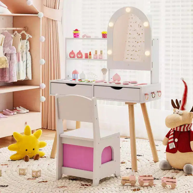 Costway Kids Vanity Set with 3-Color Lighting Modes, Adjustable Brightness, Mirror Cabinet White/Pink