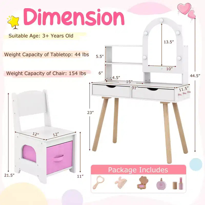 Costway Kids Vanity Set with 3-Color Lighting Modes, Adjustable Brightness, Mirror Cabinet White/Pink