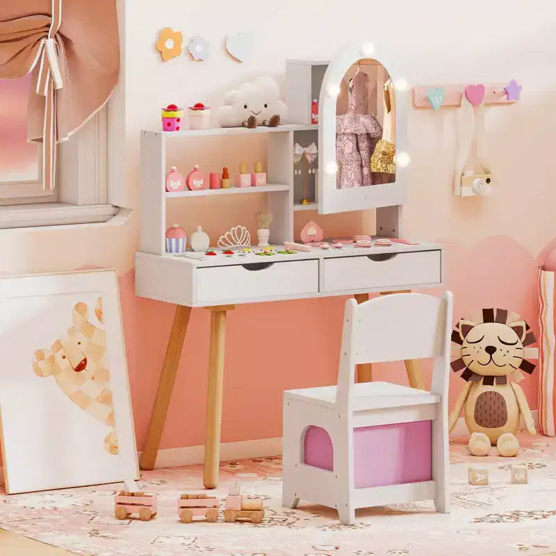 Costway Kids Vanity Set with 3-Color Lighting Modes, Adjustable Brightness, Mirror Cabinet White/Pink