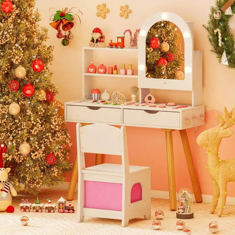 Costway Kids Vanity Set with 3-Color Lighting Modes, Adjustable Brightness, Mirror Cabinet White/Pink