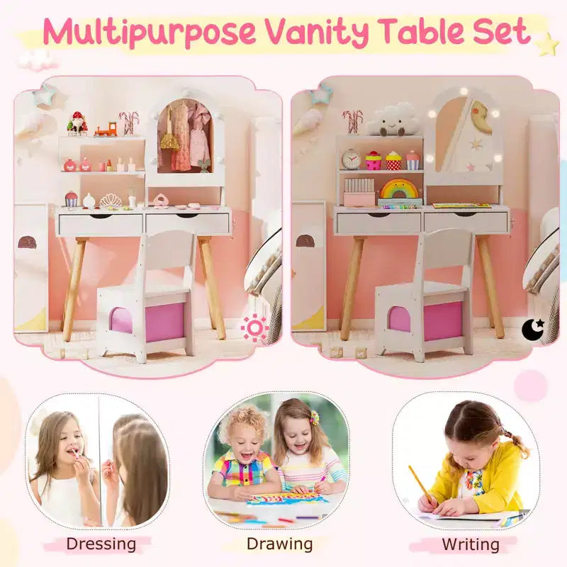 Costway Kids Vanity Set with 3-Color Lighting Modes, Adjustable Brightness, Mirror Cabinet White/Pink