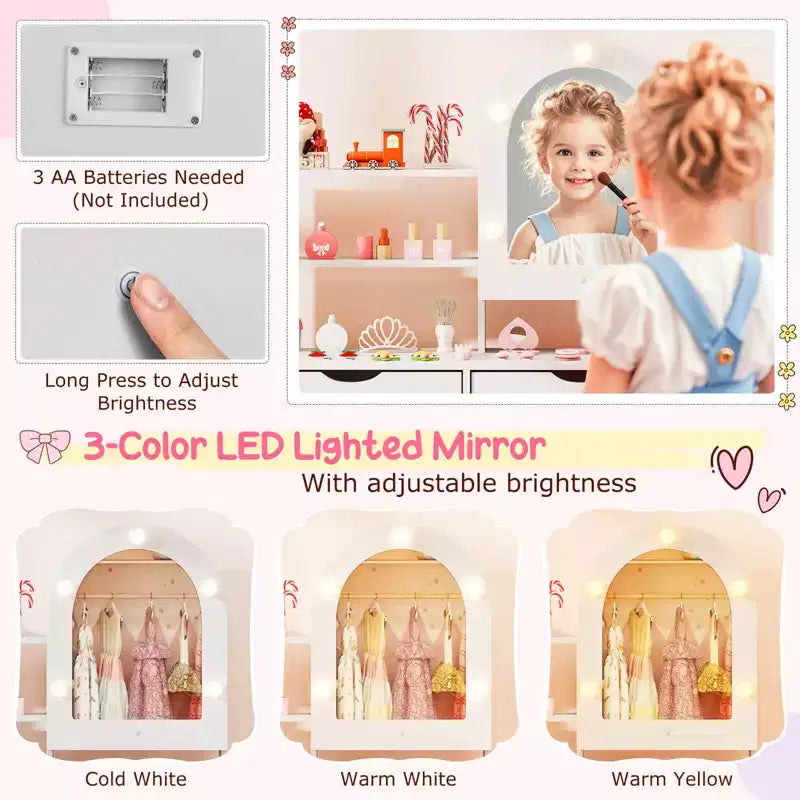 Costway Kids Vanity Set with 3-Color Lighting Modes, Adjustable Brightness, Mirror Cabinet White/Pink