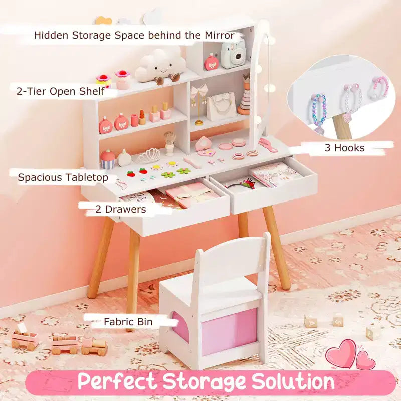 Costway Kids Vanity Set with 3-Color Lighting Modes, Adjustable Brightness, Mirror Cabinet White/Pink